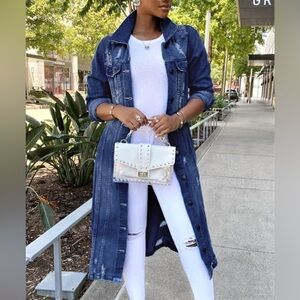 Blue Age Denim Duster Dark Blue Distressed Long Jean Jacket Women’s Size Medium